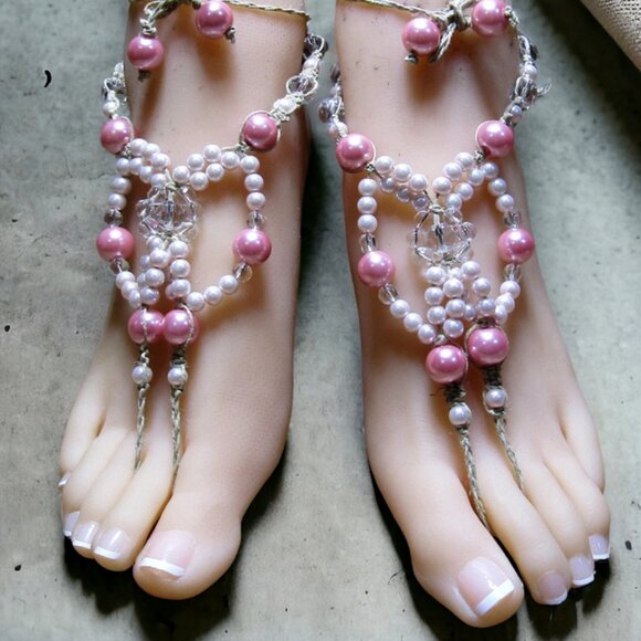 NEW Crystal & Pink Beaded Barefoot Sandals. Belly dance foot jewelry. - Picture 4 of 5